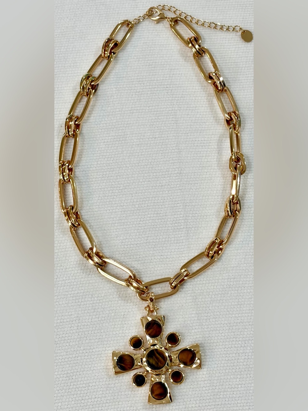 NEW Original Gold Toned Link Necklace w/ Tiger Eye Pendant 17” + 3” extender - Picture 1 of 4